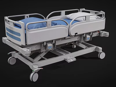 Adjustable Medical Bed With Side Rails Blue Mattress And Mobile Wheels 3d model