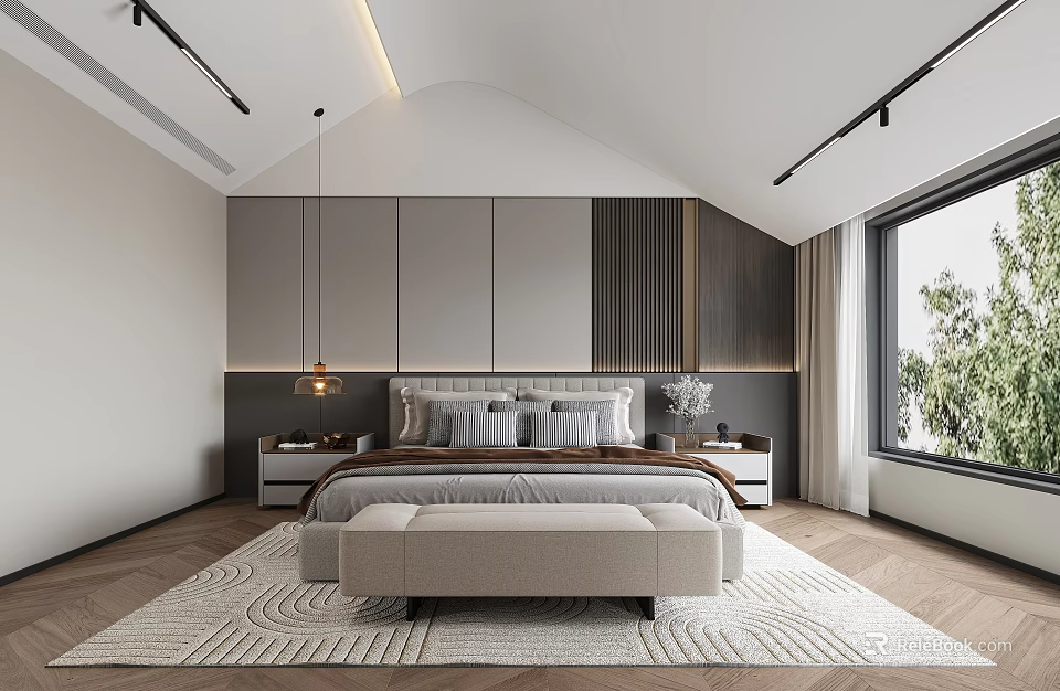 Modern Bedroom Interior Design With Bedside Cabinets Bed Bench Rug And Large Window 3d model 