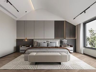 Modern Bedroom Interior Design With Bedside Cabinets Bed Bench Rug And Large Window 3d model