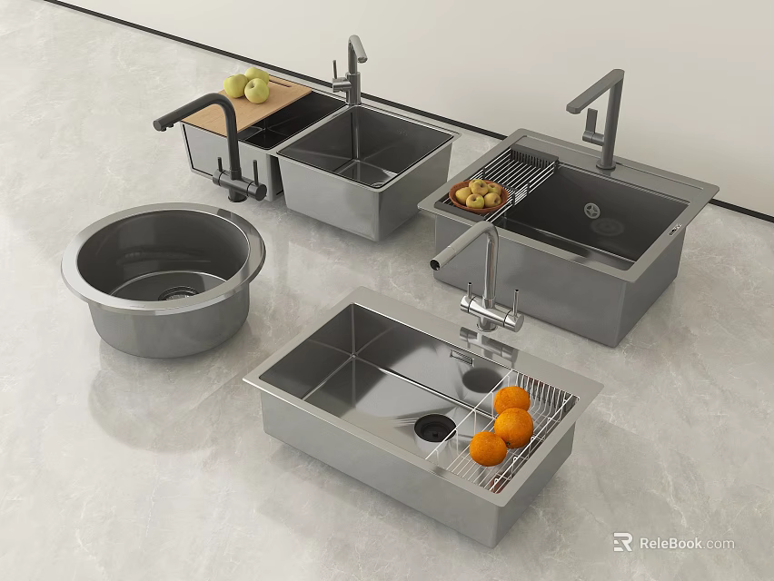 Stainless Steel Kitchen Sinks With Modern Faucet And Fruit On Countertop 3d model 