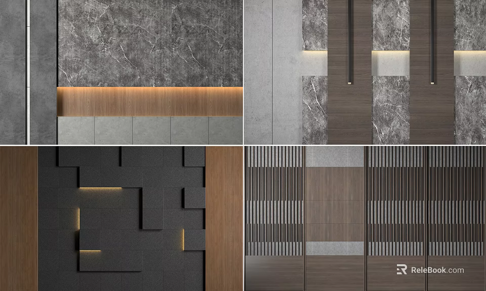 Modern Background Wall Designs with Marble Texture Wooden Panels and LED Lighting Strips 3d model 