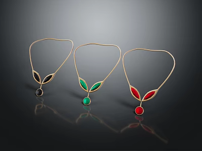 Three Elegant Gold Leaf Design Necklaces With Colored Gemstone Pendants 3d model