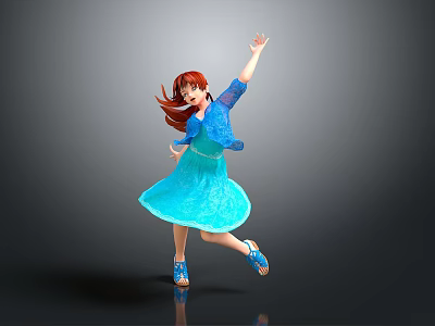 Graceful Red Haired Game Movie Character Dancing In Blue Dress And Jacket On Gray Background 3d model