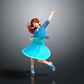 Graceful Red Haired Game Movie Character Dancing In Blue Dress And Jacket On Gray Background