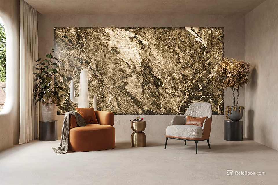 Casual Sofa Set With Marble Textured Wall And Orange Light Gray Chairs 3d model 
