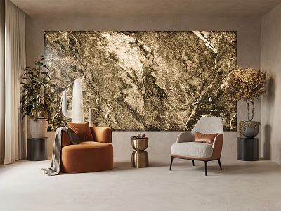 Casual Sofa Set With Marble Textured Wall And Orange Light Gray Chairs 3d model