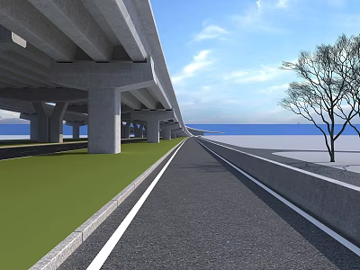 Road Infrastructure With Elevated Concrete Structure Green Grassy Verge And Tree 3d model