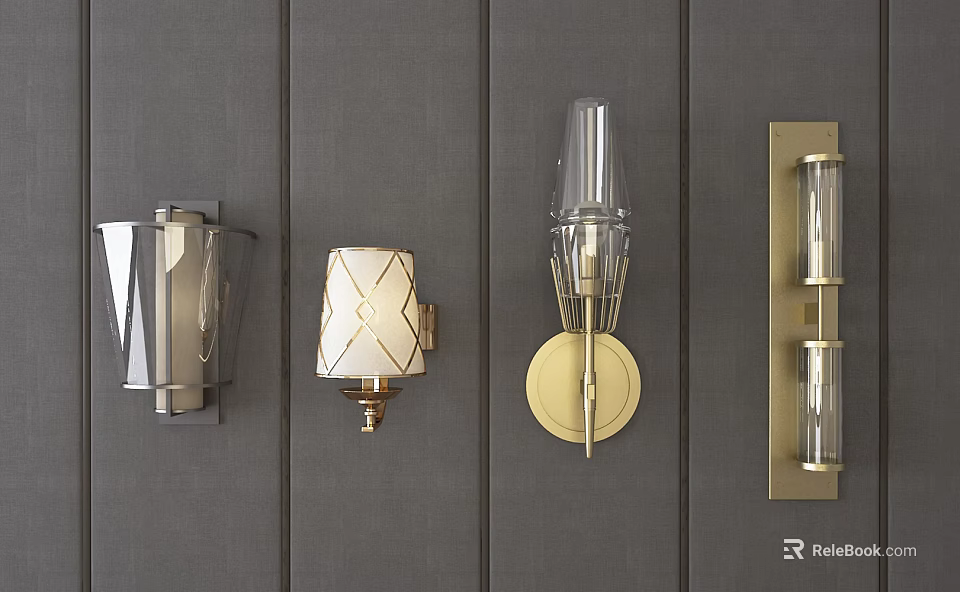 Modern Wall Lamps With Metal And Glass Designs Mounted On Grey Wall 3d model 