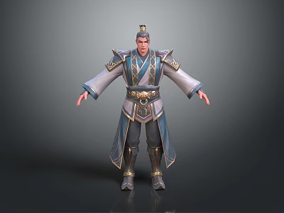 Ancient Game Movie Character Wearing Blue And White Robe With Golden Ornaments And Armored Boots 3d model