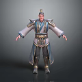 Ancient Game Movie Character Wearing Blue And White Robe With Golden Ornaments And Armored Boots