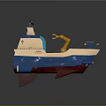 Blue and Beige Water Transport Vessel Featuring Orange Robotic Arm Radar Antenna and Red Propulsion