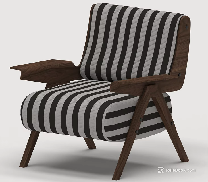 Modern Black And White Striped Upholstered Accent Chair With Wooden Armrests And Legs 3d model 