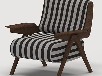 Modern Black And White Striped Upholstered Accent Chair With Wooden Armrests And Legs 3d model