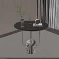 Round Side Table With Black Top Metal Frame Marble Base Clear Vase Plant And Clock
