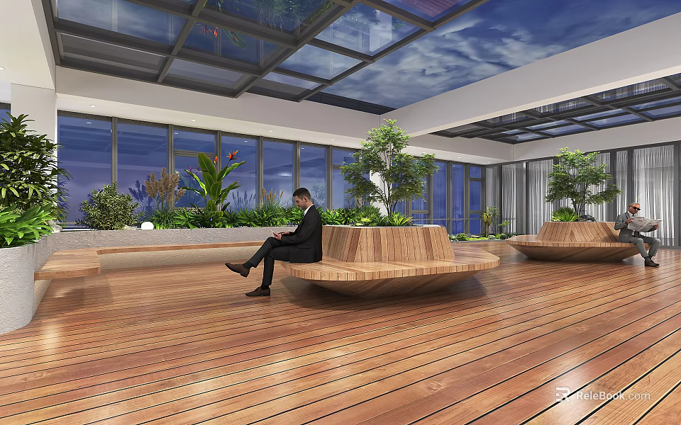 Bright Leisure Area With Wooden Seats Large Windows Green Plants And Glass Ceiling 3d model 