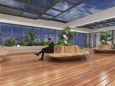 Bright Leisure Area With Wooden Seats Large Windows Green Plants And Glass Ceiling 3d model