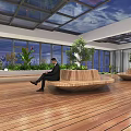 Bright Leisure Area With Wooden Seats Large Windows Green Plants And Glass Ceiling