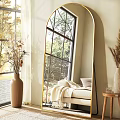 Cozy Living Room Interior With Arch Mirror Beige Sofa Throw Blanket And Dried Flowers