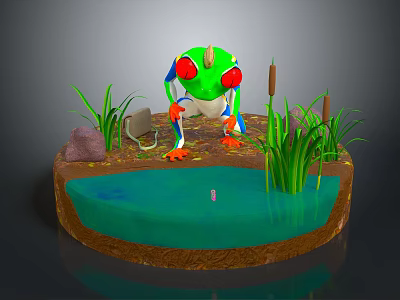 Colorful Red Eyed Frog in Natural Pond with Aquatic Plants and Stones 3d model