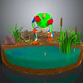 Colorful Red Eyed Frog in Natural Pond with Aquatic Plants and Stones