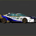 Blue And White Racing Car With CAT BMW Logos Gold Wheels And Green Windows