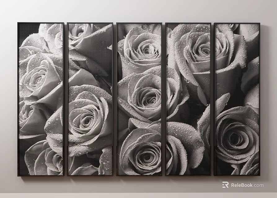 Black and White Rose Botanical Painting Five Panel Set with Dewdrops on Petals 3d model 