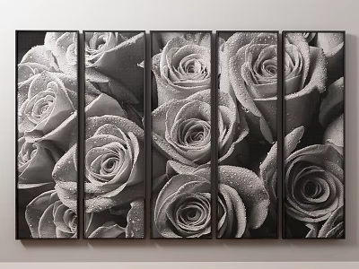 Black and White Rose Botanical Painting Five Panel Set with Dewdrops on Petals 3d model