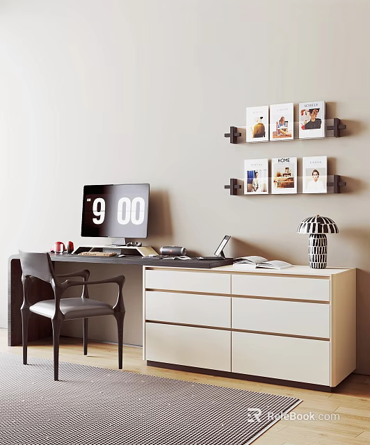 Modern Home Office Desk Workspace Setup With Monitor Wall Shelves Photos Organized Stationery And Chair 3d model 
