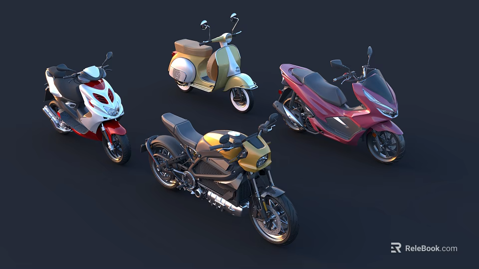 Various Style Motorcycles Including Gold Retro Scooter Red Sports Bike And White Classic Model 3d model 