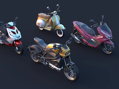 Various Style Motorcycles Including Gold Retro Scooter Red Sports Bike And White Classic Model 3d model