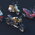 Various Style Motorcycles Including Gold Retro Scooter Red Sports Bike And White Classic Model