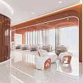 Modern Beauty Salon Interior With Orange White Curved Design Marble Flooring Sofas Mirrors And Lighting