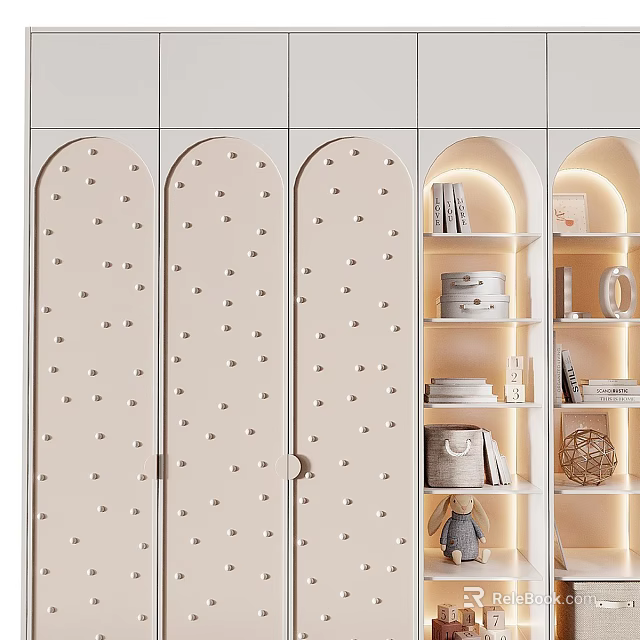 Stylish Wardrobe with Arched Dot Pattern Doors Open Shelves Lighting Strips and Storage Items 3d model