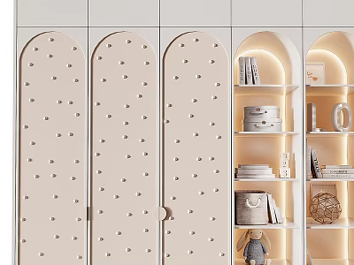 Stylish Wardrobe with Arched Dot Pattern Doors Open Shelves Lighting Strips and Storage Items 3d model
