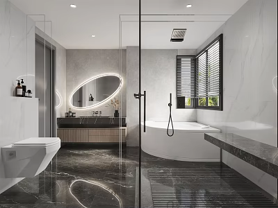 Modern Bathroom Interior With Freestanding Bathtub Glass Shower Round Mirror And Vanity 3d model