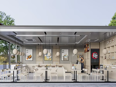 Modern Restaurant Interior With Glass Facade Hanging Pendant Lights And White Tables Chairs 3d model