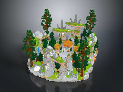 Cartoon Forest Scene With Green Trees Yellow Pagoda White Rocks And Lush Grass 3d model