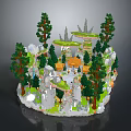 Cartoon Forest Scene With Green Trees Yellow Pagoda White Rocks And Lush Grass