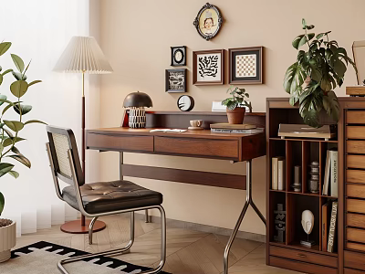 Stylish Home Office Desk Setup With Leather Chair Floor Lamp Framed Artworks And Potted Plants 3d model