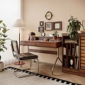 Quiet Desk and Chair Ancient Desk and Chair Combination Storage Cabinet Table Lamp Floor Lamp Hanging Picture Combination Ornaments Combination Floor Plant Carpet Dream Curtain 3d model