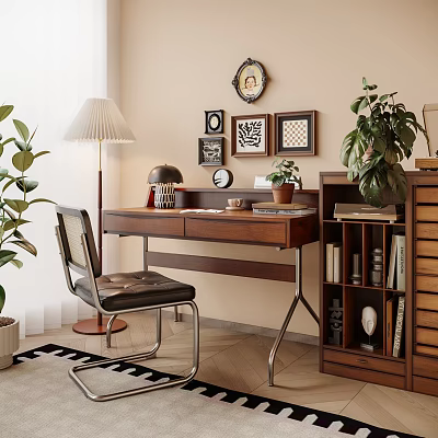 Stylish Home Office Desk Setup With Leather Chair Floor Lamp Framed Artworks And Potted Plants 3d model