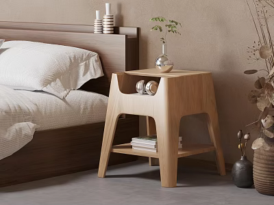 Minimalist Wooden Nightstand Design With Bedside Plant Vase And Books 3d model