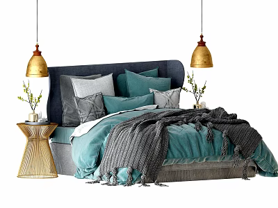 Elegant Double Bed with Dark Blue Headboard Assorted Pillows Gray Blanket Golden Nightstands and Pendant Lights 3d model