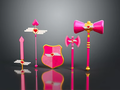 Pink Decorative Weapons Collection With Heart Design Shield Axe And Staff 3d model