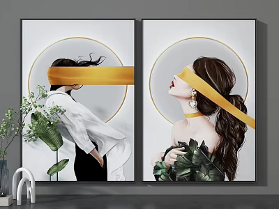 Two Female Portrait Paintings With Yellow Ribbons Covering Eyes Circular Background And Green Leaves 3d model