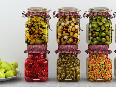 Glass Spice Jars with Airtight Lids Holding Olives Chili Peppers and Colorful Diced Vegetables 3d model