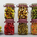 Glass Spice Jars with Airtight Lids Holding Olives Chili Peppers and Colorful Diced Vegetables