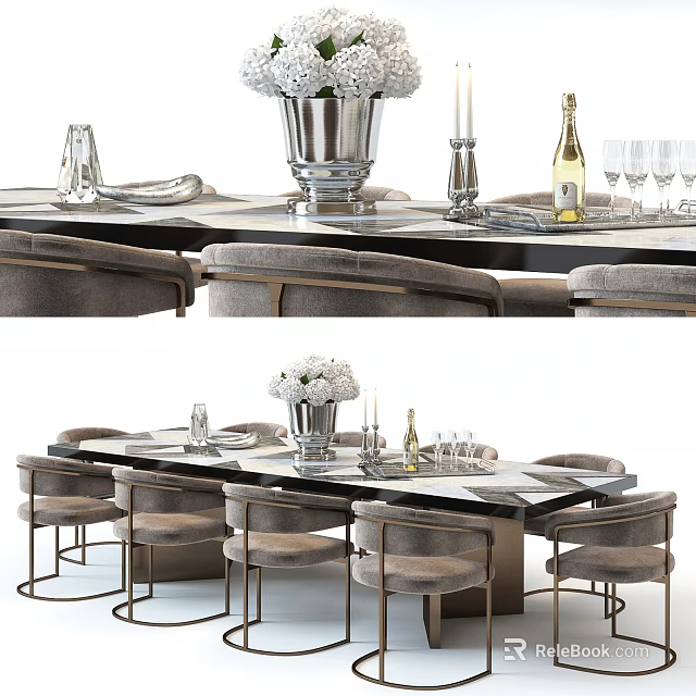 Elegant Modern Dining Table Set With Marble Top Gray Chairs Metal Frame And Floral Vase 3d model 