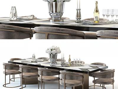 Elegant Modern Dining Table Set With Marble Top Gray Chairs Metal Frame And Floral Vase 3d model