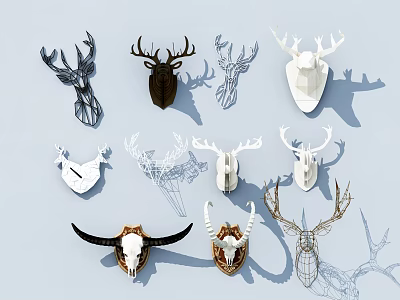 Animal Wall Decor Featuring Various Deer Cow Skulls Metal Wireframe 3D Sculpted Designs 3d model